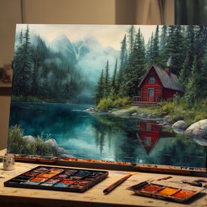 May include: A painting of a red cabin in the woods by a lake. The cabin is surrounded by trees and the lake is reflecting the sky and the mountains in the background.