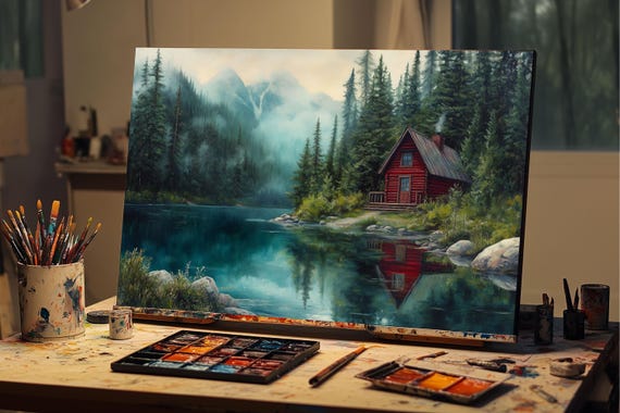 Fine Art Oil Painting Red Cabin by Mountain Lake | Serene Forest & Lake Canvas Art | Cozy Wall Decor for Living Room, Cabin Gift | Oil Art