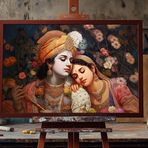 Fine Art Ölgemälde Hindu Lord Krishna und Radha | Handgemalte spirituelle indische Kunst | Göttliche Liebe-Wand-Dekor | Radha Krishna Leinwand Kunst