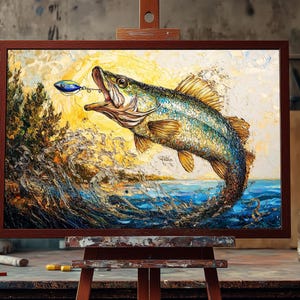 Large Mouth Bass Oil Painting | Hand-Painted Freshwater Fish Canvas Art | Largemouth Bass Wall Decor | Rustic Fishing Lodge Home Accent Art