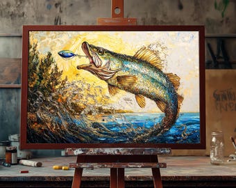 Pintura a óleo de achigã | Arte em tela de peixe de água doce pintada à mão | Decoração de parede de achigã | Decoração de casa rústica para chalé de pesca