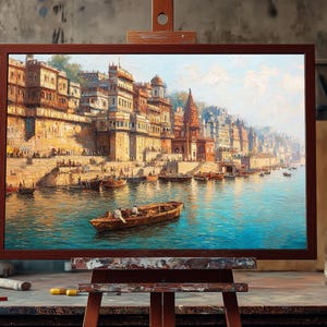 Fine Art Oil Painting Historic Varanasi Ghats | Hand-Painted Indian Spiritual Art | Sacred Ganges River Wall Decor | Banaras Landscape Art
