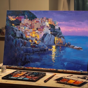 Fine Art Oil Painting Cinque Terre Italy | Hand-Painted Italian Coastal Village Art | Vibrant Mediterranean Wall Decor | Manarola Landscape