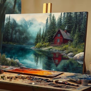 May include: A painting on an easel depicts a red cabin nestled in a forest by a lake. The scene is painted in a realistic style with lush greenery and a reflection of the cabin in the water.