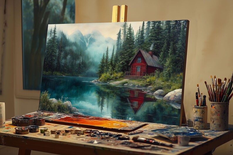 May include: A painting on an easel depicts a red cabin nestled in a forest by a lake. The scene is painted in a realistic style with lush greenery and a reflection of the cabin in the water.