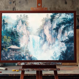 Japans watervalolieverfschilderij | Handgeschilderde landschapskunst | Zen natuur muurdecoratie | Canvas Serene bergbeek | Aziatisch geïnspireerde kunst