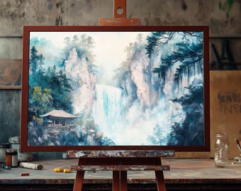 Dipinto ad olio di cascata giapponese / Arte paesaggistica dipinta a mano / Decorazione murale con natura zen / Tela con ruscello di montagna sereno / Arte di ispirazione asiatica