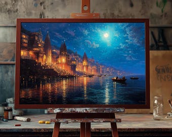 Fine Art Oil Painting Ganga Aarti at Night Varanasi | Hand-Painted Spiritual Indian Art | Sacred Ganges River Scene | Banaras Wall Decor Art