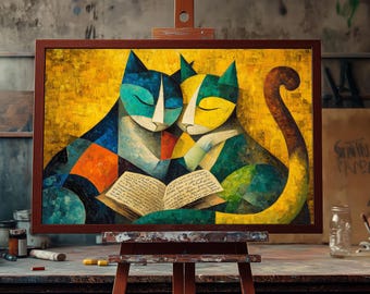 Oil Painting Cubist Style Cats | Abstract Two Cats Reading Book | Colorful Fine Art | Modern Cubism Animal Wall Décor For Home & Gallery Art