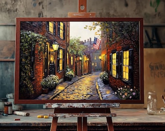 Boston Acorn Street | Historic Beacon Hill Cobblestone Street Oil Painting with American Flag Red Brick Cityscape Home Decor Art | Oil Art
