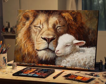 May include: A painting depicting a lion with its eyes closed, resting its head on a white lamb. The lion's mane is a rich brown colour, and the lamb's fur is fluffy and white. The painting is on a canvas and is set on a table with art supplies.