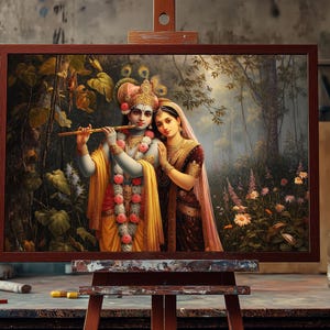 Fine Art Ölgemälde Krishna und Radha Göttliches Paar | Handgemalte hinduistische Liebeskunst | Spirituelle indische Wanddekoration | Sacred Romance Leinwand