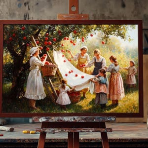 Apple Harvesting in Orchard | Rustic Autumn Oil Painting | Countryside Wall Art | Cottagecore Home Decor | Fruit Picking Canvas | Oil Art
