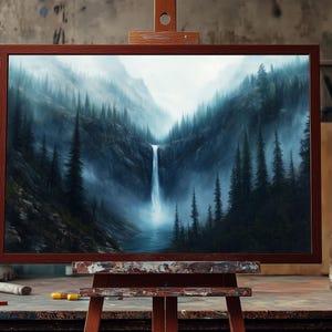 Serene Alpine Mountain Waterfall | Misty Silver Cascade Over Pine Forest | Tranquil Landscape Fine Art Oil Art For Nature Home Decor Artwork