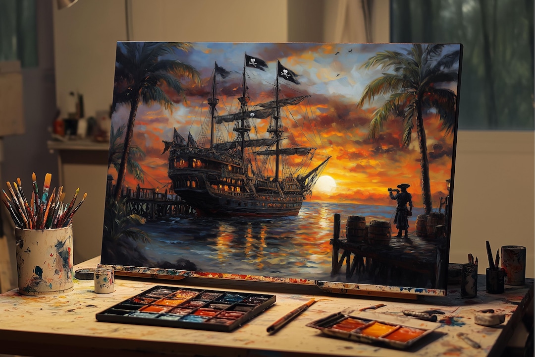 Grand Pirate Ship Docked Oil Painting | Pirate Ship Canvas Art ...