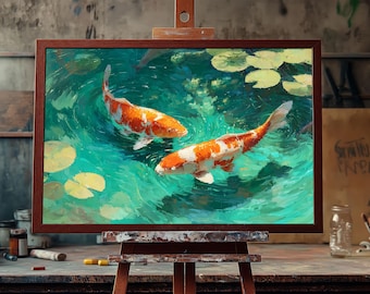 Koi Fishes in Pond Scene | Fine Art Oil Painting of Peaceful Koi Pond | Serene Water Garden Wall Decor for Nature & Aquatic Lovers Artwork