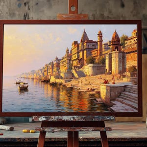 Fine Art Oil Painting Varanasi Ghats at Sunset | Hand-Painted Indian Spiritual Art | Sacred Ganges River Wall Decor | Banaras Landscape Art