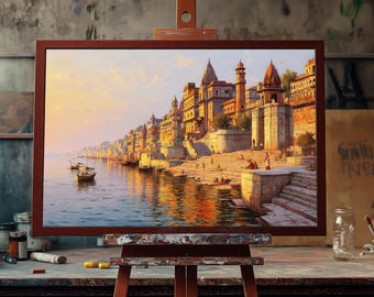 Fine Art Oil Painting Varanasi Ghats at Sunset | Hand-Painted Indian Spiritual Art | Sacred Ganges River Wall Decor | Banaras Landscape Art