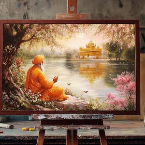 Guru Nanak Dev Ji & Golden Temple Oil Painting | Hand‑Painted Sikh Guru Art | Spiritual Wall Decor | Harmandir Sahib Canvas Artwork Decor