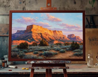 May include: A framed landscape painting of a desert canyon at sunset, displayed on a wooden easel. The artwork features a large mesa bathed in warm orange light, with blue and purple hues in the sky and foreground.