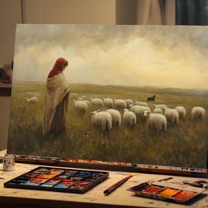 Fine Art Oil Painting Woman Shepherd with Sheep | Hand-Painted Pastoral Art | Rustic Farm Life Wall Decor | Countryside Landscape Artwork