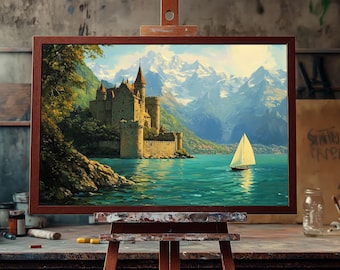 Medieval Castle Turquoise Lake Oil Painting | Hand-Painted European Landscape Canvas | Serene Mountain Lake Wall Art | Rustic Home Decor Art
