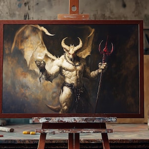 May include: A painting on a wooden easel depicts a demonic figure with wings, horns, and a trident. The figure is depicted in a dark, shadowy setting with a golden glow.