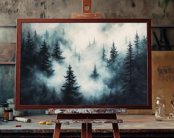 Pintura al óleo de bosque brumoso matutino / Lienzo de paisaje de bosque brumoso pintado a mano / Arte mural de naturaleza tranquila / Decoración de pinos serenos