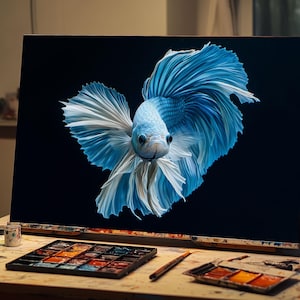 Blue White Betta Fish Canvas Painting | Fine Art Oil Betta Art | Aquarium Wall Decor | Fish Lover Gift | Hand-Painted Oil Painting Art Decor