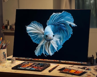 Pintura al óleo de pez Betta azul y blanco sobre lienzo, arte de pared para acuario, regalo para amantes de los peces, pintura al óleo pintada a mano.