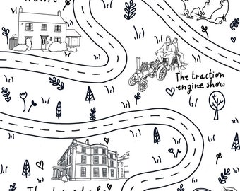 May include: A black and white illustration of a timeline of events, starting with "Our first home" and ending with "Graduation at Northumbria". The timeline is shaped like a winding road with various illustrations of events along the way, including a house, a steam engine, a wedding, and a university building.