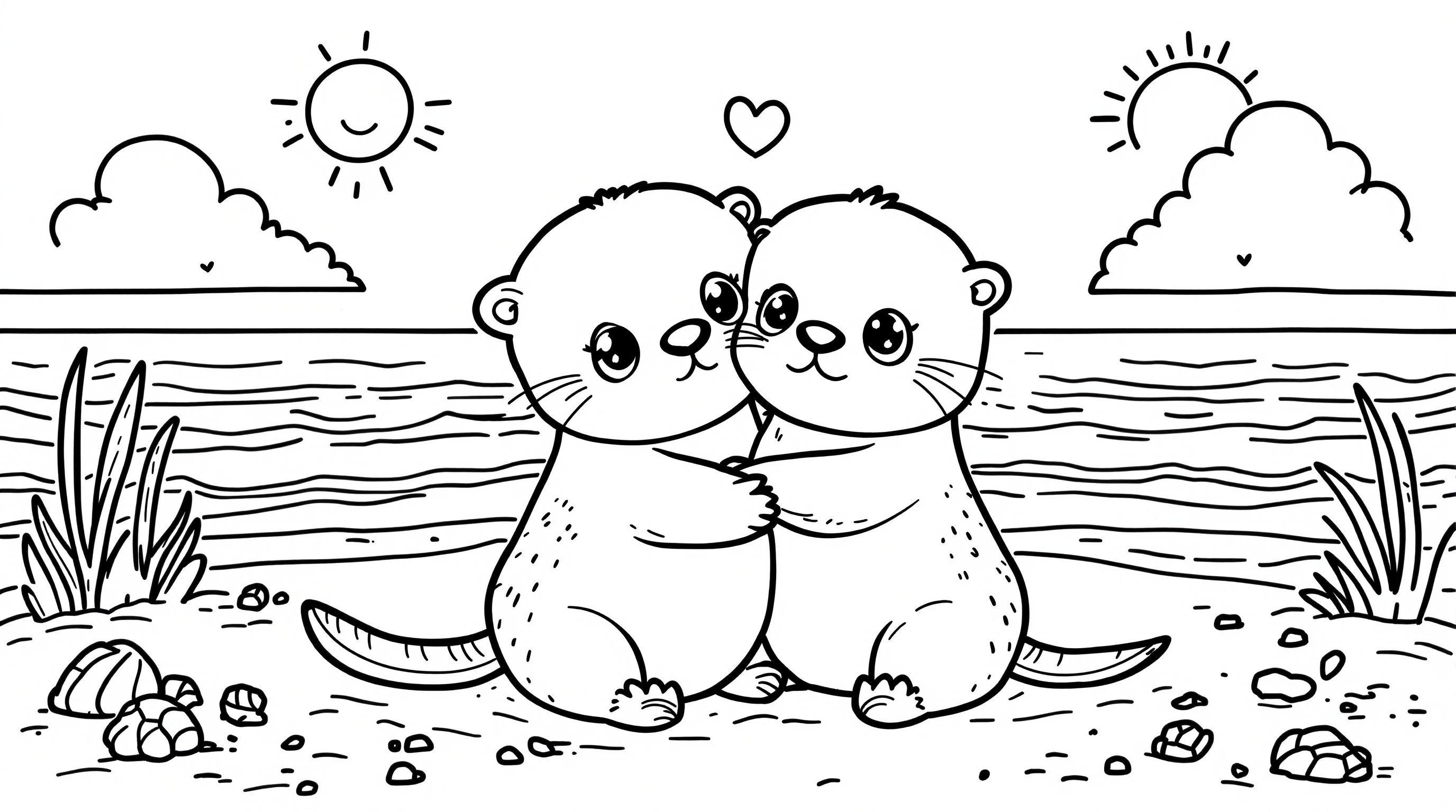Kawaii Otters Hugging Coloring Page, Animal Coloring Pages, Relaxing ...