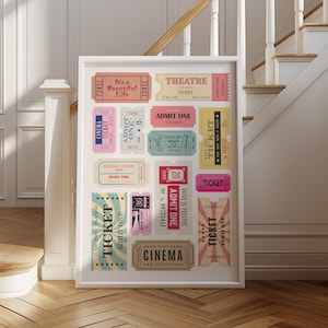 Vintage Ticket Collage Wandkunst, Retro druckbare Tickets, Film Konzert Ticket Dekor, Life Ticket Stub Poster, Drucke im Studentenwohnheim, Preppy Zimmer