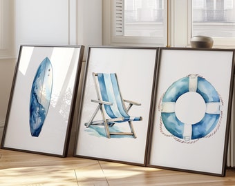 Nautische aquarelkunstafdrukken (set van 3) - Beach House Decor (digitale download)