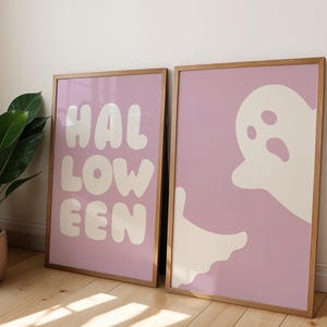 Pastel Pink Halloween Ghost Art Prints: Minimalist Dorm Decor (Digital Download)