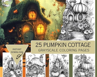 Pumpkin Cottage Coloring Pages, Adults, Kids Coloring Books, Cottage Coloring Book, Grayscale Sheet, Instant Download, Printable PDF File