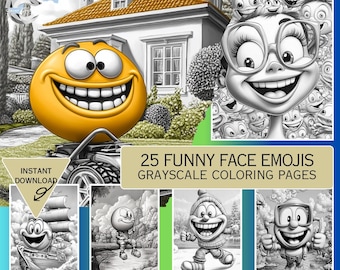 Roliga målarbilder med emojis, roliga emoji-målarbilder, målarböcker med leende-emojis, gråskaleark, direktnedladdning, utskrivbar PDF-fil
