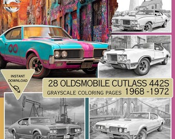 Oldsmobile Cutlass 442s målarbilder för vuxna, veteranbilar, målarböcker för retrobilar, gråskaleark, direktnedladdning, utskrivbar PDF-fil