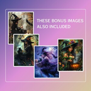 May include: Four digital illustrations of witches in a forest setting. The witches are wearing black and green dresses and hats. They are holding cauldrons, brooms, and cats. The text "THESE BONUS IMAGES ALSO INCLUDED" is at the top of the image.