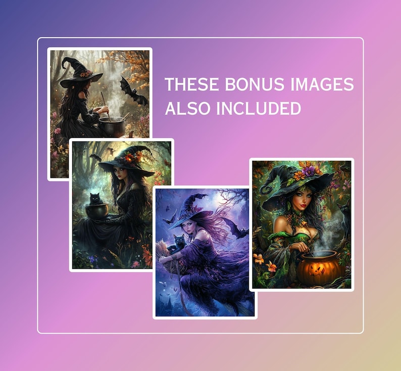 May include: Four digital illustrations of witches in a forest setting. The witches are wearing black and green dresses and hats. They are holding cauldrons, brooms, and cats. The text "THESE BONUS IMAGES ALSO INCLUDED" is at the top of the image.