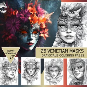 Venetian Masks Coloring Pages, Masquerade Masks, Adults Carnival Mask Coloring Books, Grayscale Sheet, Instant Download, Printable PDF File