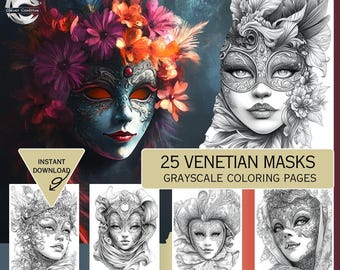Venetian Masks Coloring Pages, Masquerade Masks, Adults Carnival Mask Coloring Books, Grayscale Sheet, Instant Download, Printable PDF File