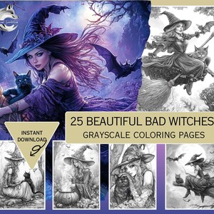 Bad Witches Coloring Pages, Adult and Kids Coloring Books, Bad Witches Coloring Sheets, Grayscale, Instant Download, Printable PDF File image 1