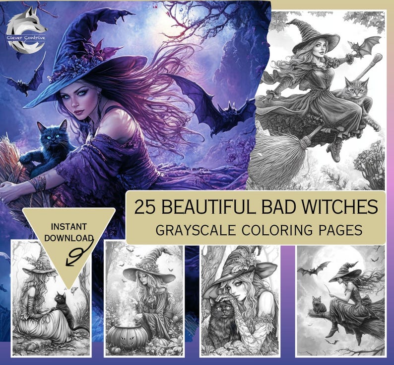 Bad Witches Coloring Pages, Adult and Kids Coloring Books, Bad Witches Coloring Sheets, Grayscale, Instant Download, Printable PDF File image 1