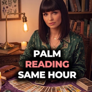 Könnte beinhalten: Eine Frau in einem grünen Hemd mit Muster sitzt an einem Tisch mit Tarotkarten, einem Notizbuch und einer brennenden Kerze. Der Text "PALM READING SAME HOUR" wird in Weiß und Rosa angezeigt. Eine Lampe und ein Bücherregal befinden sich im Hintergrund.