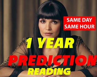 Puede incluir: Una mujer con cabello oscuro y un top negro mira a la cámara. El texto "1 YEAR PREDICTION READING" está en letras amarillas sobre un fondo rojo. El texto "SAME DAY SAME HOUR" está en letras rojas sobre un fondo blanco.