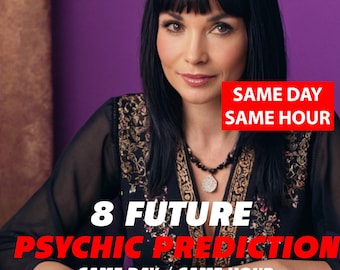 Puede incluir: Una mujer con cabello oscuro y un top negro con bordados dorados se sienta en una mesa. El texto "8 FUTURE PSYCHIC PREDICTION SAME DAY / SAME HOUR" está en letras rojas y blancas sobre la mesa.