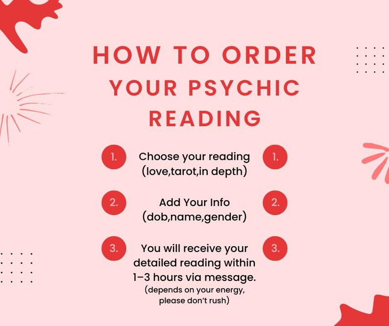 May include: Pink and red graphic with the text "HOW TO ORDER YOUR PSYCHIC READING" and numbered steps for ordering a psychic reading. The steps include choosing a reading type, adding personal information, and receiving a detailed reading within 1-3 hours via message.
