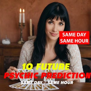 Può includere: Una donna con i capelli scuri e una camicetta bianca tiene un mazzo di carte dei tarocchi. Il testo sulle carte recita "10 Future Psychic Prediction Same Day Same Hour".