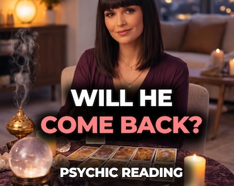 May include: A person with dark hair wearing a purple top sits at a table with tarot cards, a crystal ball, and a lit candle. Text on the image reads: WILL HE COME BACK? PSYCHIC READING SAME HOUR DELIVERY.